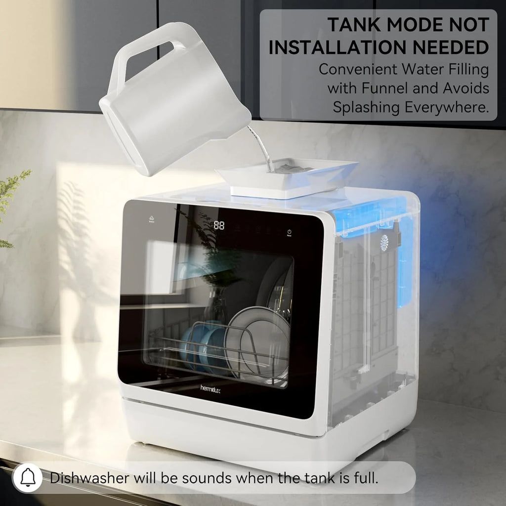 Hermitlux Countertop Dishwasher, 7 Washing Programs Portable Mini Dishwasher with 5-Liter Built-in Water Tank for Apartments & RVs, LED Light, Glass Door, No Hookup Needed