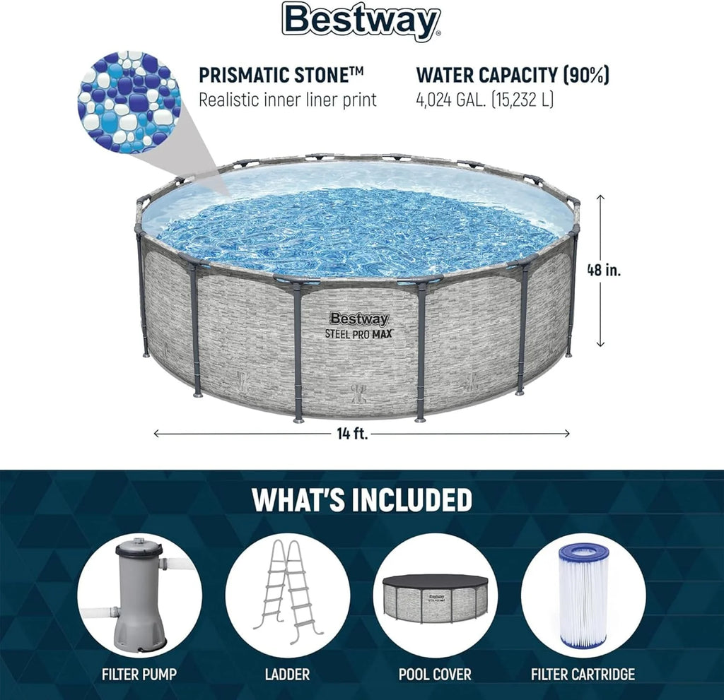 Steel Pro MAX 14 Foot x 48 Inch Round Metal Frame Above Ground Outdoor Swimming Pool Set with 1,000 Filter Pump, Ladder, and Cover, Gray