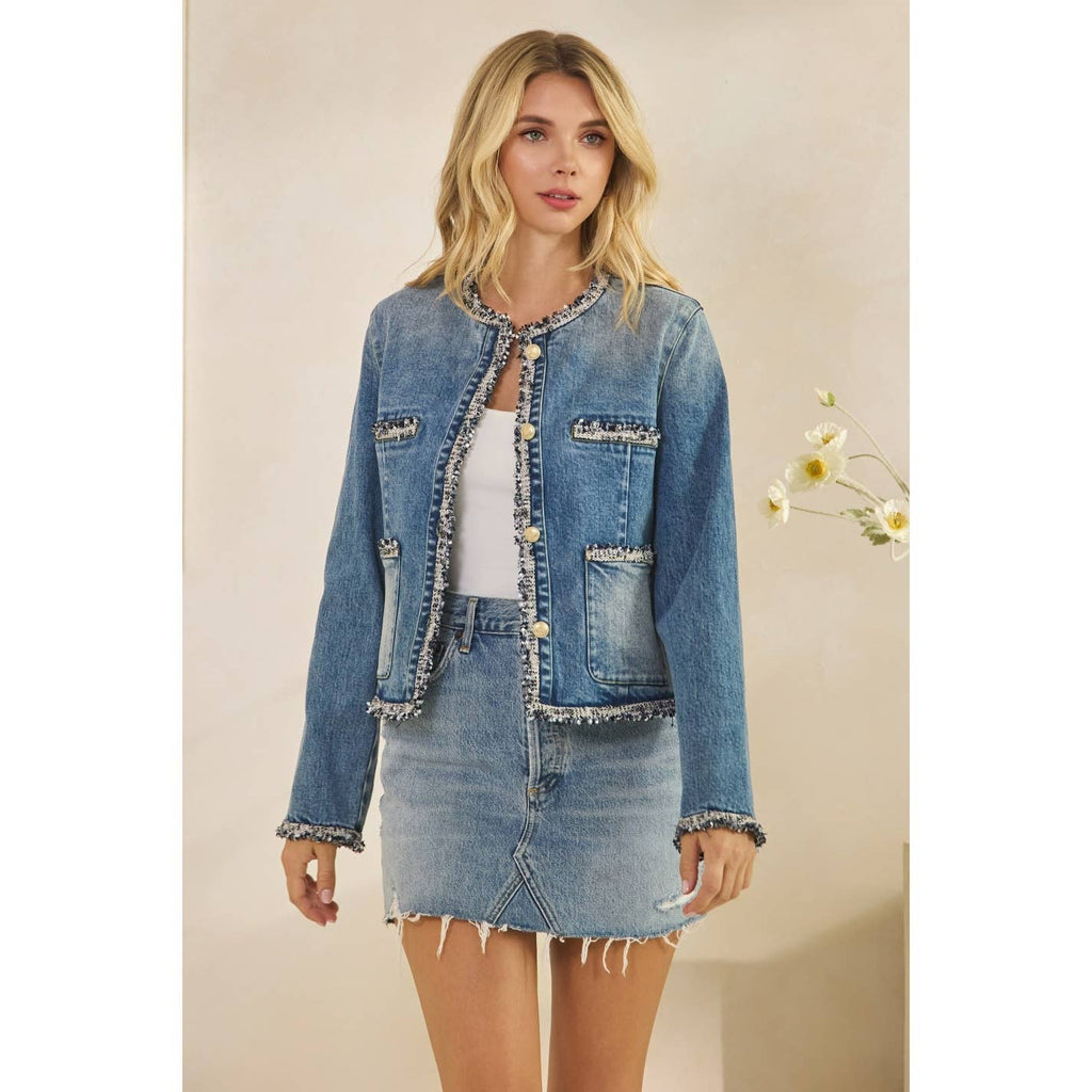 Tweed Trimmed Front Pocket Denim Jacke
