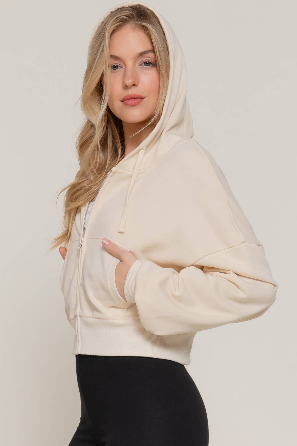 Long Sleeve Hoodie French Terry Zip Up Jacket COFFEE