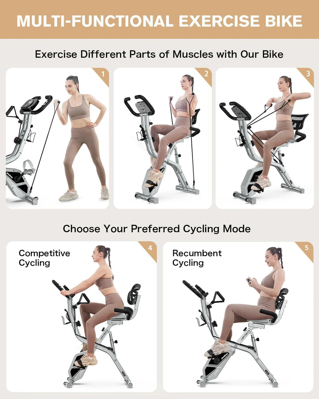 pooboo Folding Exercise Bike, Foldable Fitness Stationary Bike Machine, Upright Indoor Cycling Bike, Magnetic X-Bike with 8-Level Adjustable Resistance, Bottle Holder & Back Support Cushion for Home Gym Workout