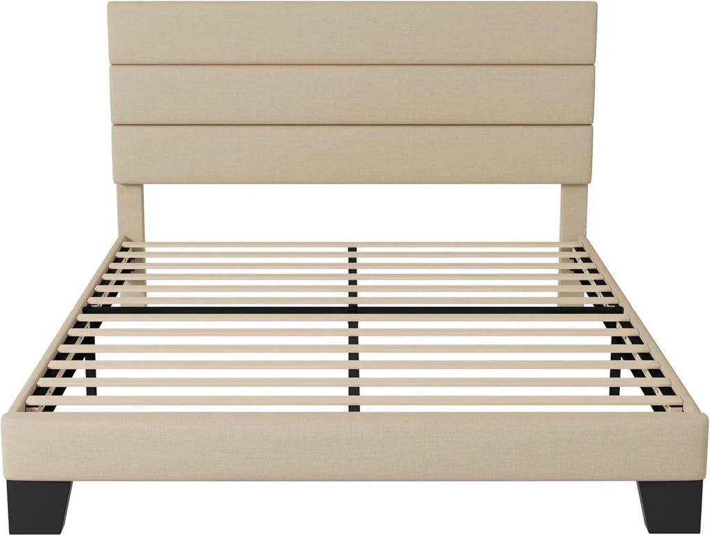 Allewie King size platform bed frame with velvet upholstered headboard and planks