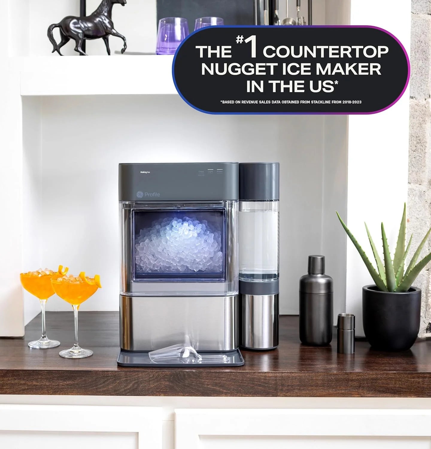 GE Profile Opal 2.0 with 0.75 Gallon Tank, Chewable Crunchable Countertop Nugget Ice Maker, Scoop included, 38 lbs in 24 hours, Pellet Ice Machine with WiFi & Smart Connected, Stainless Steel