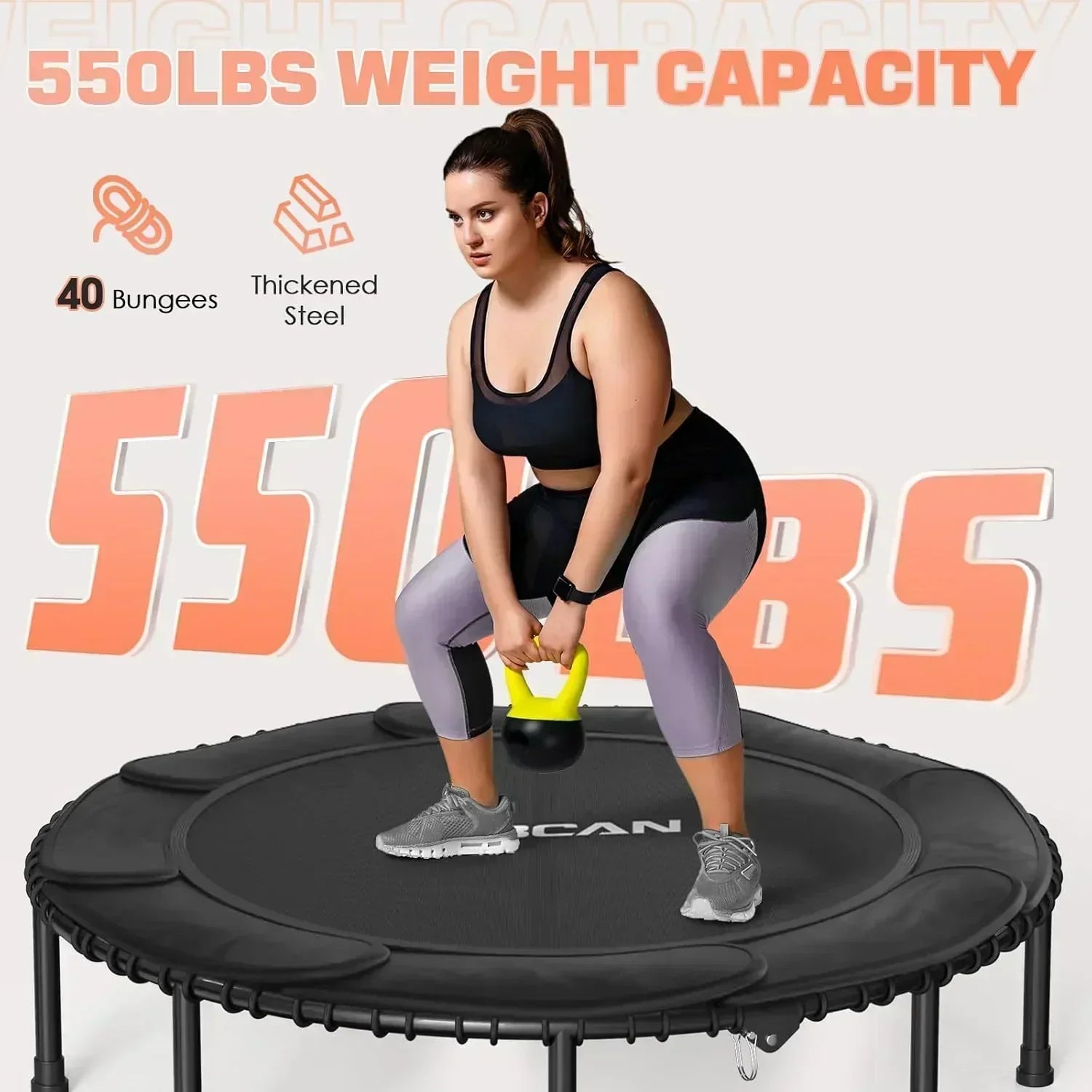 BCAN 450/550 LBS Foldable Mini Trampoline Fitness Trampoline Bungees Adjustable Foam Handle