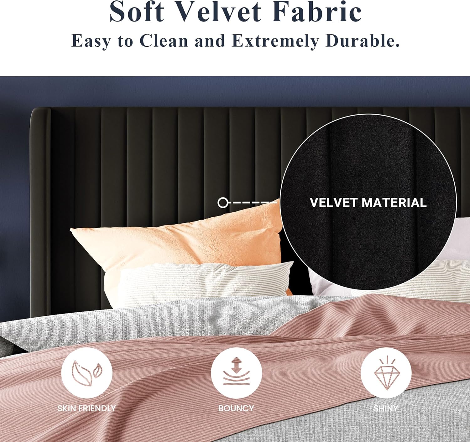 Allewie Full Size Velvet Bed Frame Vertical Channel Tufted Wingback Headboard Upholstered Bed