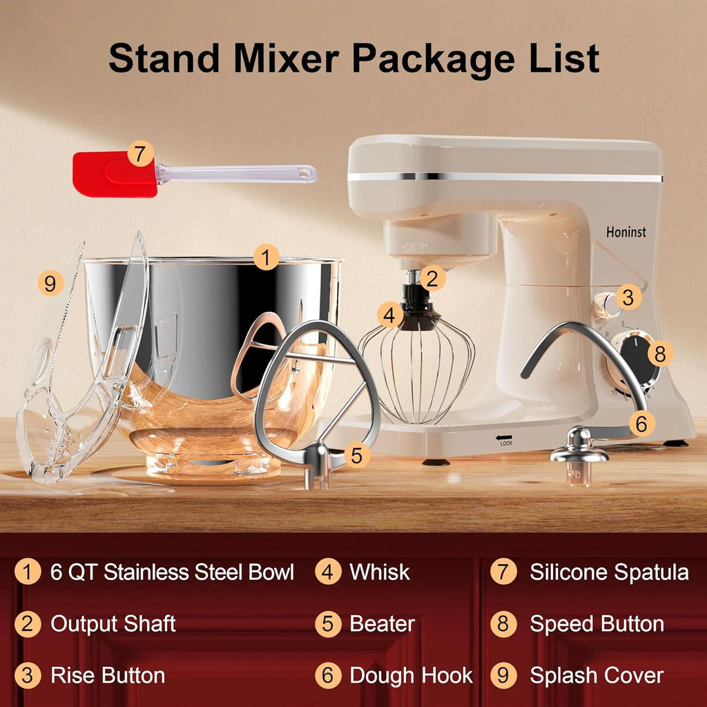 10-Speed Stand Mixer with 8-in-1 Splash Guard, Tilt Head, 6-Quart Stainless Steel Bowl + Dishwasher-Safe Dough Hook/Whisk/Blender/Scraper