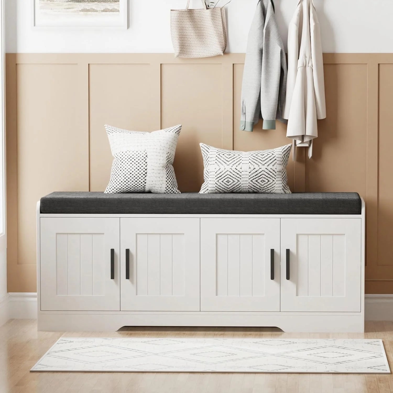 2-Tier Storage Bench, Shoe Bench with Thickened Padded Seat Cushion, Entryway Bench with 4 Doors, Adjustable Shelf