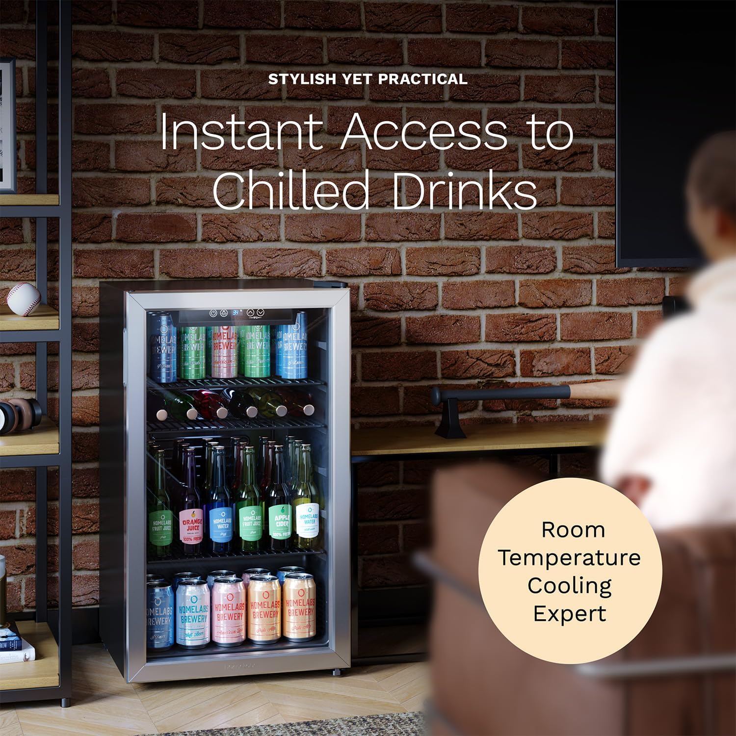 hOmeLabs Beverage Refrigerator and Cooler - Mini Fridge with Glass Door for Soda Beer or Wine - 120 Cans Capacity - Small Drink Dispenser Machine for Office or Bar with Adjustable Removable Shelves