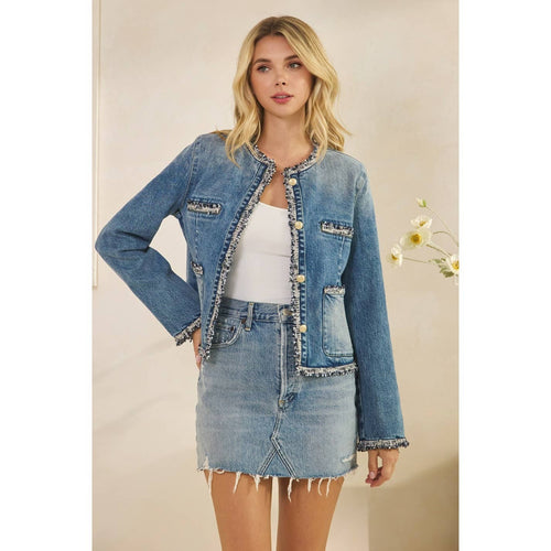 Tweed Trimmed Front Pocket Denim Jacke